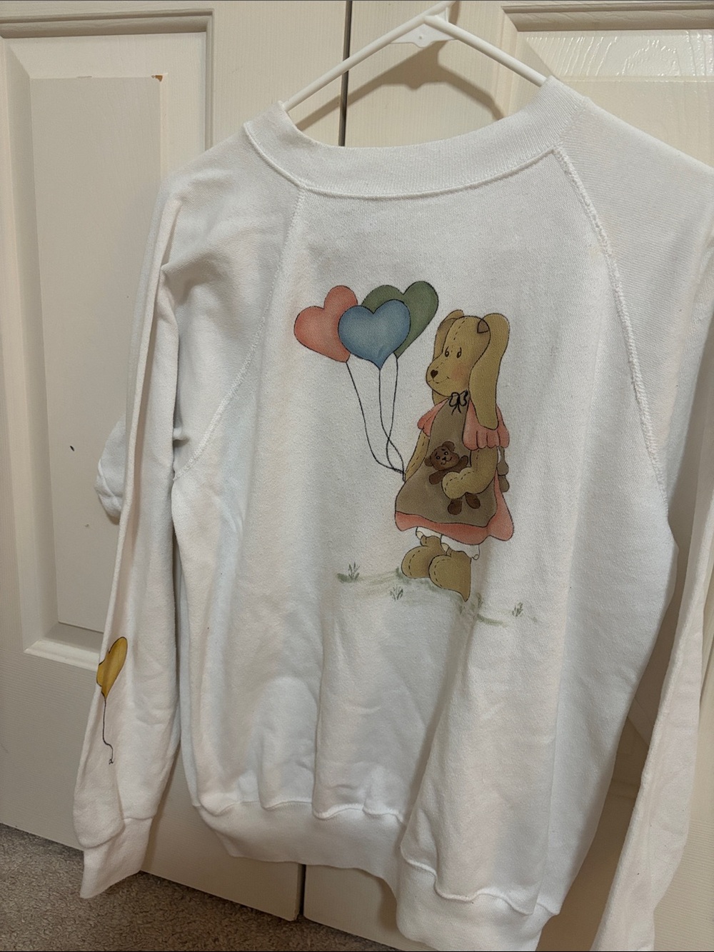 Hanes White Crewneck Sweatshirt with Pastel Balloon Bunny Graphic